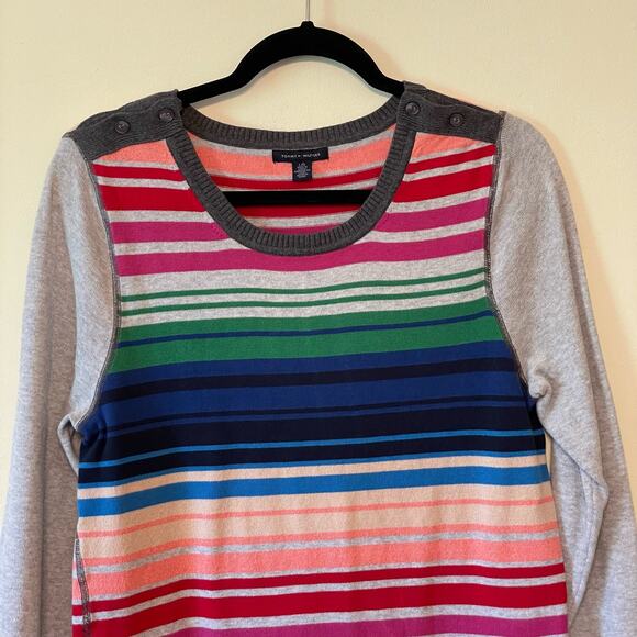 Tommy Hilfiger L stripe long sleeve t-shirt top gray pink preppy academia casual - Picture 2 of 7